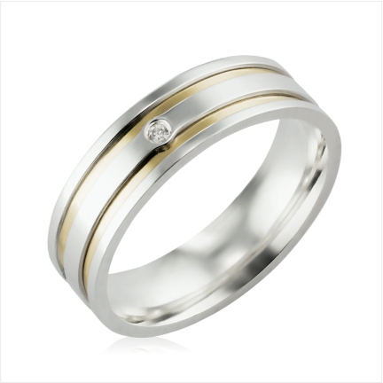 Alian&ccedil;a de prata reta anat&ocirc;mica 6mm 2 filetes de ouro e 1 zirc&ocirc;nia