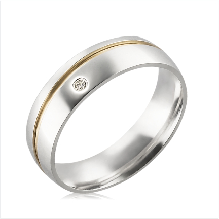 Aliança de prata abaulada anatômica 6mm com filete em ouro e zircônia de 2,00 mm