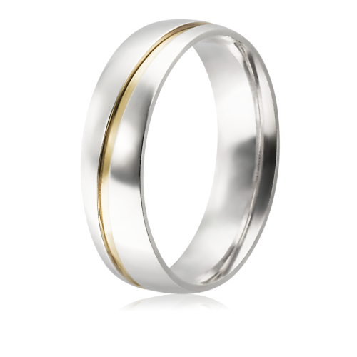 Alian&ccedil;a de prata 950 abaulada anat&ocirc;mica 6 mm com filete de ouro em zig zag fora do centro