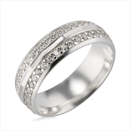 Alian&ccedil;a de prata abaulada anat&ocirc;mica 7mm com 2 frisos cravejados e 1 friso trabalhado