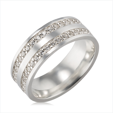 Alian&ccedil;a de prata reta anat&ocirc;mica 7mm com 2 frisos cravejados e 1 friso em prata