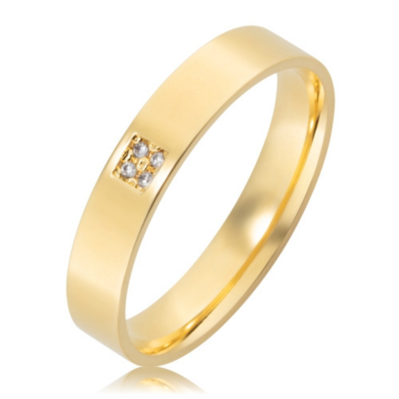 Alian&ccedil;a ouro 18k reta anat&ocirc;mica 4mm com 4 diamantes