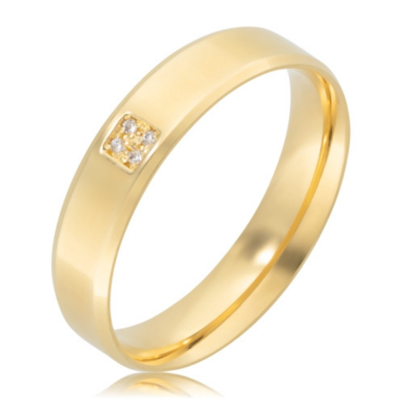 Alian&ccedil;a ouro 18k reta anat&ocirc;mica 5mm chanfrada com 4 pedras diamantes