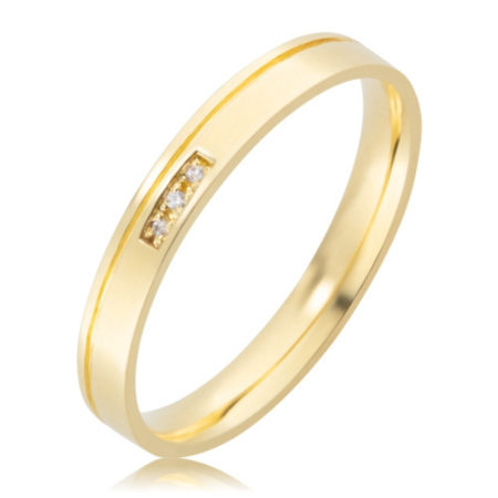 Alian&ccedil;a de Ouro 18k 750 4mm reta anat&ocirc;mica com 1 friso e 3 pedras diamantes