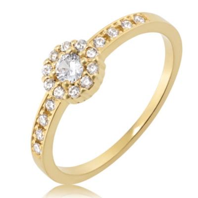 Anel Solit&aacute;rio Folheado a ouro com pedras laterais e centrais