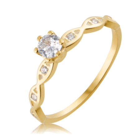 Anel Solit&aacute;rio em Ouro 18k com Aro trabalhado e pedras zirc&ocirc;nias