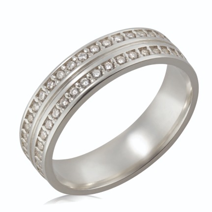 Aliança de prata reta anatômica 5mm com dois frisos cravejados e um friso central