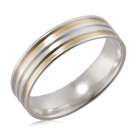 Alian&ccedil;a de prata reta anat&ocirc;mica 5mm com dois filetes de ouro nas laterais e um friso central polido