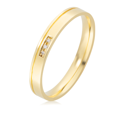 Alian&ccedil;a de Ouro 18k 750 4mm reta anat&ocirc;mica com 1 friso e 3 pedras diamantes