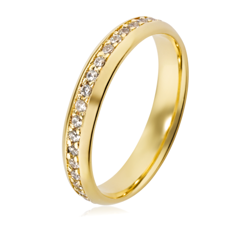 Alian&ccedil;a de ouro 18k 750 abaulada anat&ocirc;mica de 4mm cravejada no centro com Diamantes de 1,50m