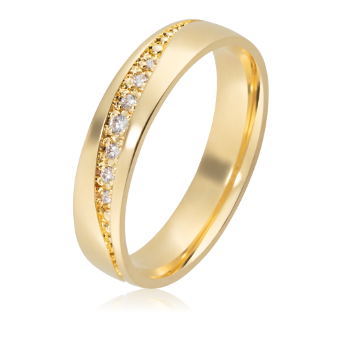 Alian&ccedil;a ouro 18k abaulada anat&ocirc;mica 4mm com friso trabalhado e 7 pedras diamantes