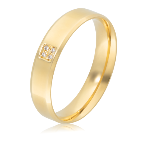 Alian&ccedil;a ouro 18k reta anat&ocirc;mica 5mm chanfrada com 4 zirc&ocirc;nias